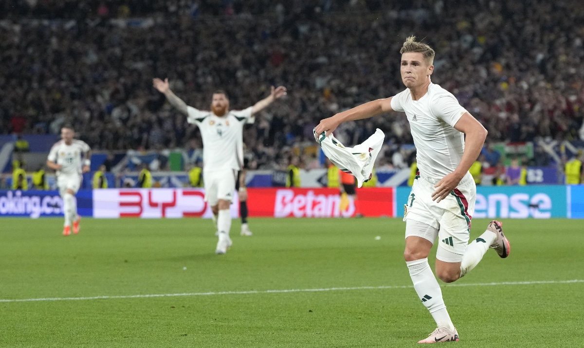 Hungary's Kevin Csoboth celebrates at the end of a Group A match between Scotland and Hungary at the Euro 2024 soccer tournament in Stuttgart, Germany, Sunday, June 23, 2024. (AP)