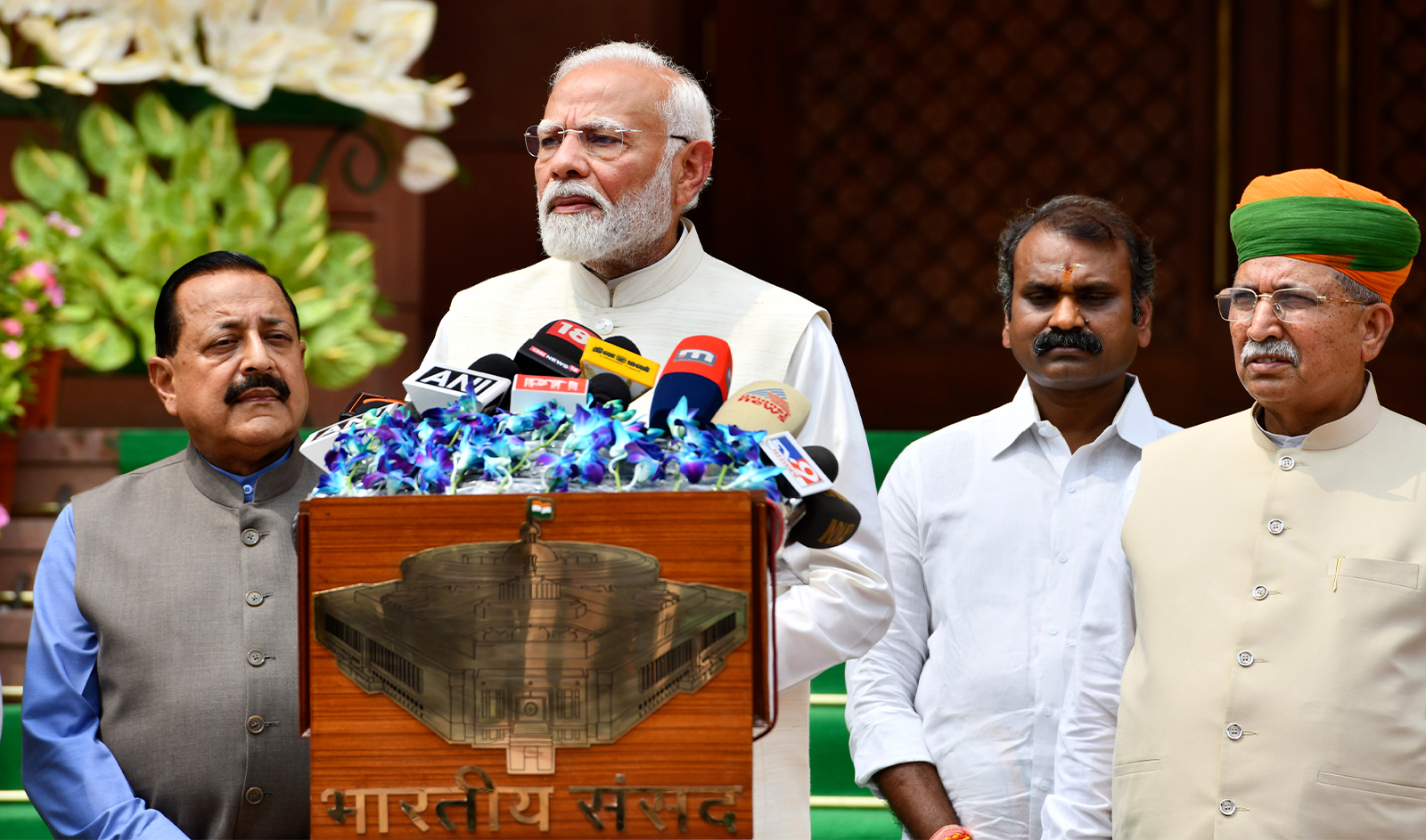 Indian Prime Minister Narendra Modi addresses the media as he arrives to attend the first day of the Parliament session of the 18th Lok Sabha in New Delhi, India, on June 24, 2024. (AP)