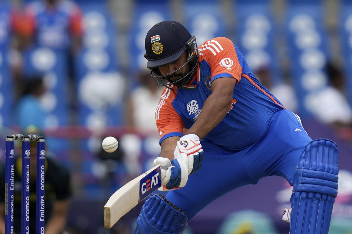 Rohit Sharma plays a shot against Australia during the ICC Men’s T20 World Cup encounter at Darren Sammy National Cricket Stadium in Gros Islet, Saint Lucia, Monday, June 24, 2024. (AP Photo)