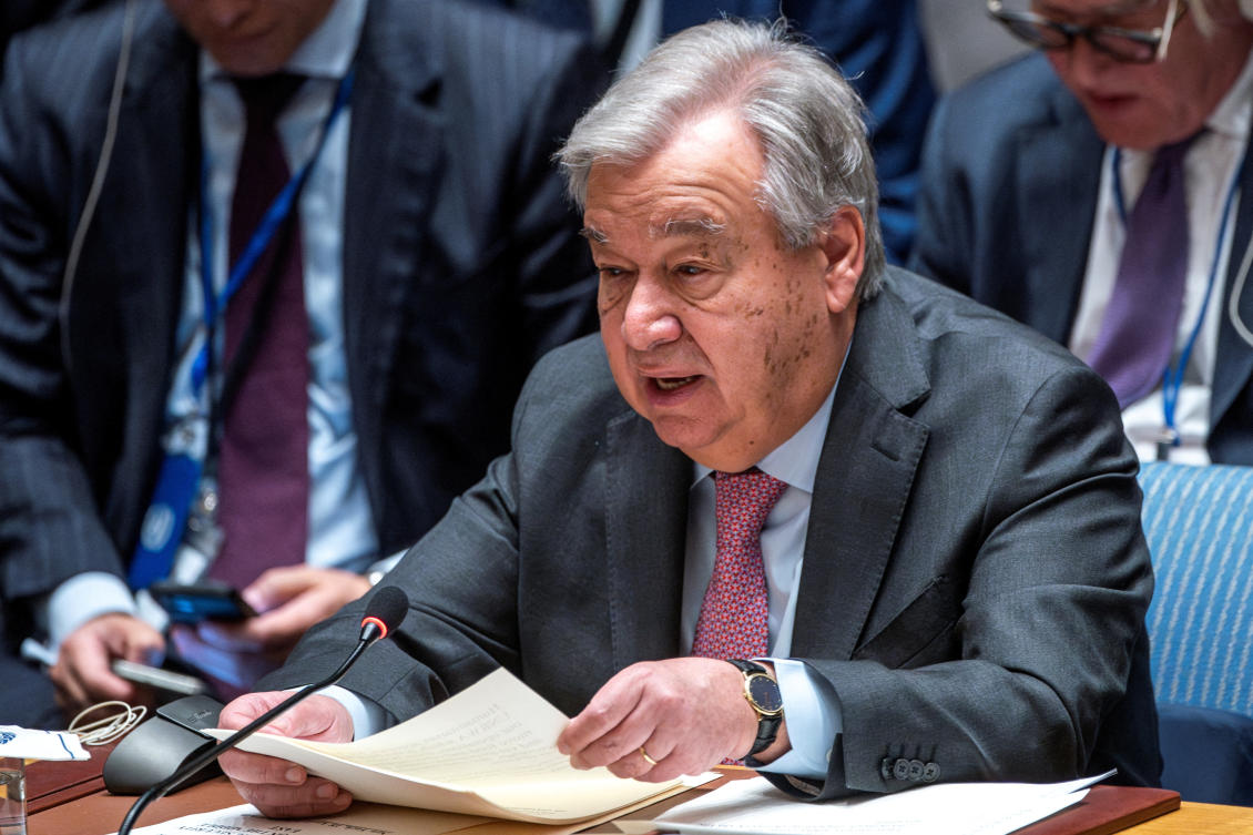 United Nations Secretary General Antonio Guterres speaks to members of Security Council during a meeting to address the situation in the Middle East, including the Palestinian question in New York City. (Reuters)