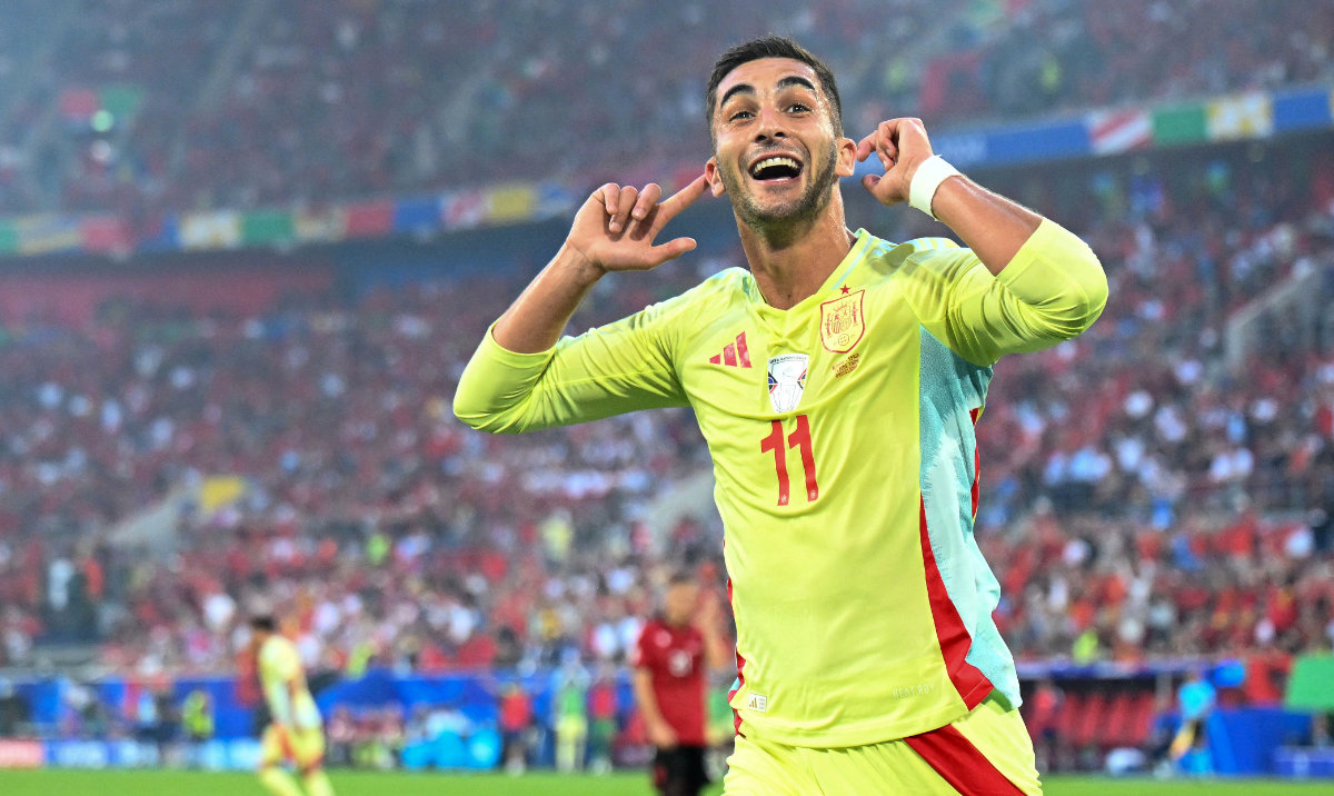 Spain's forward #11 Ferran Torres celebrates scoring his team's first goal during the UEFA Euro 2024 Group B football match between Albania and Spain at the Duesseldorf Arena in Duesseldorf on June 24, 2024. (AFP)