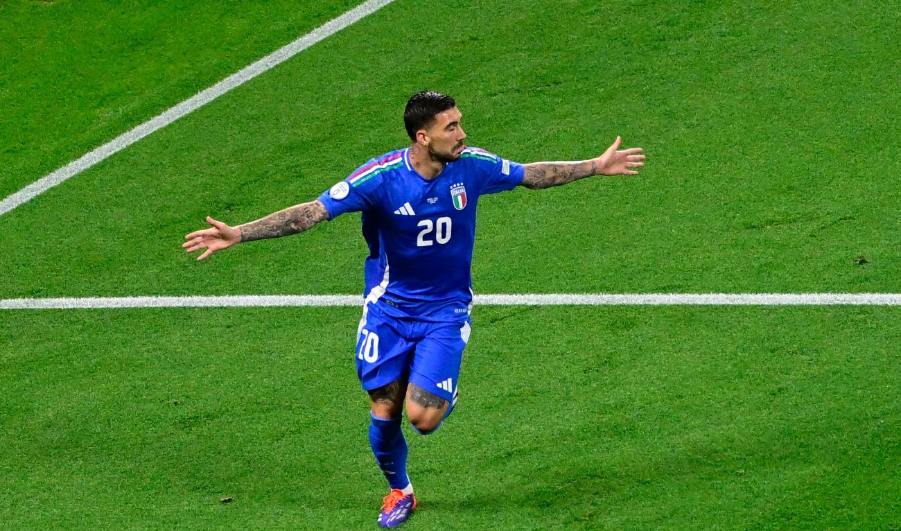 Italy’s forward #20 Mattia Zaccagni celebrates scoring his team’s first goal during the UEFA Euro 2024 Group B football match against Croatia at the Leipzig Stadium in Leipzig on June 24, 2024. (AFP)