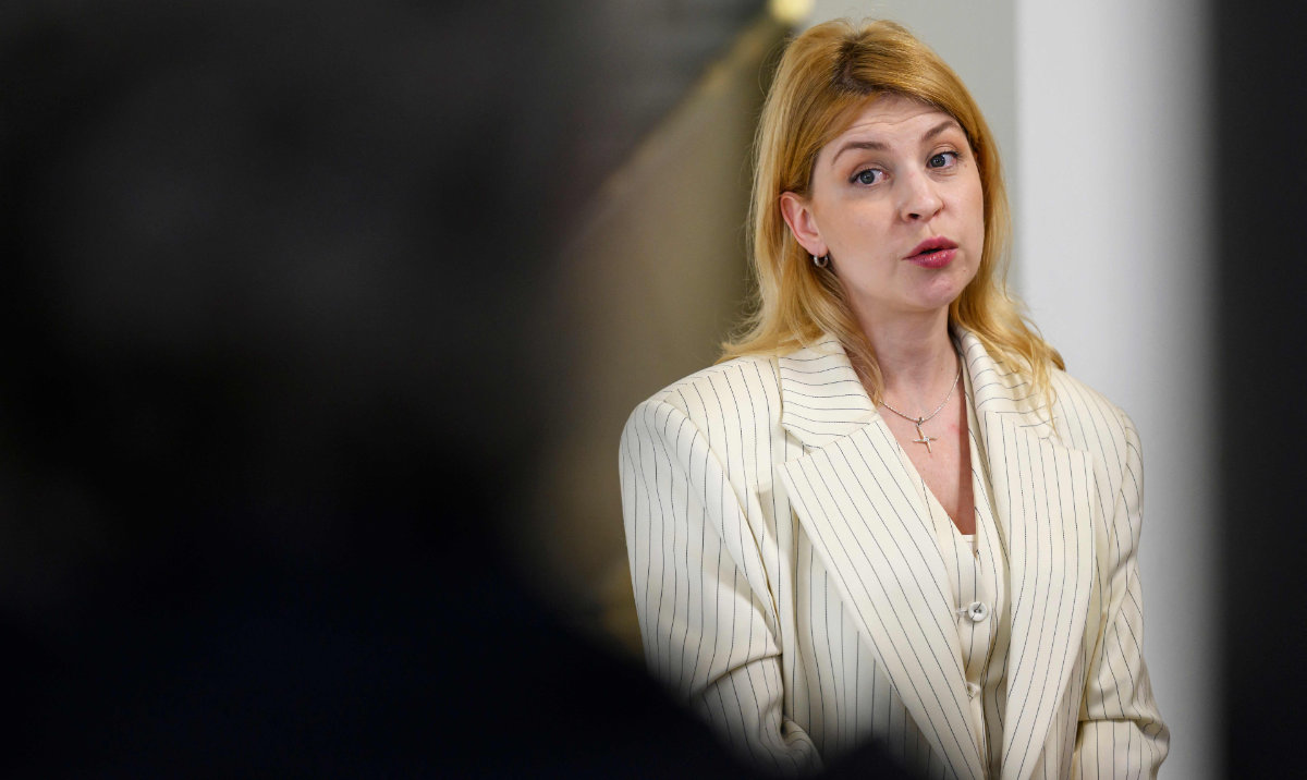 Olga Stefanishyna, Deputy Prime Minister for European and Euro-Atlantic Integration of Ukraine, talks to the press during a General Affairs council before an Intergovernmental Conference focus on the accession of Ukraine to the European Union at the EU Council building in Luxembourg on June 25, 2024. (AFP)