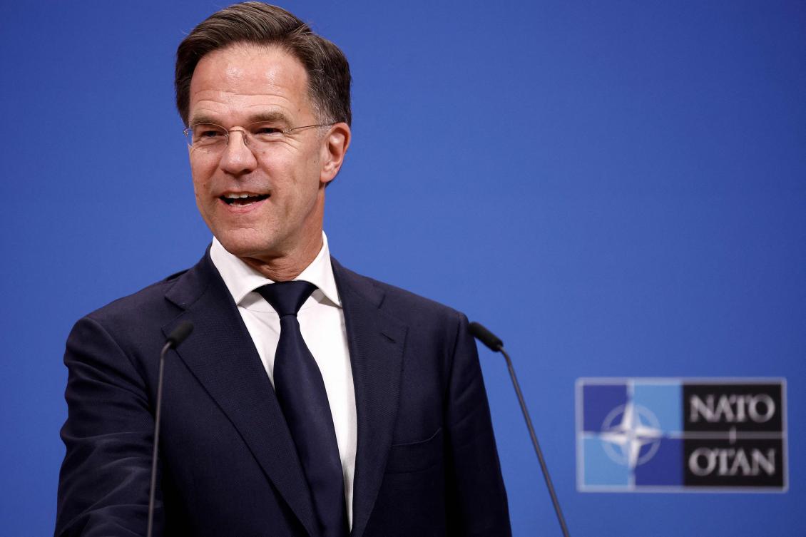 Netherlands' Prime Minister Mark Rutte reacts during a press conference at the NATO headquarters in Brussels, on April 17, 2024. NATO's 32 nations on June 26, 2024 appointed departing Dutch Prime Minister Mark Rutte as the alliance's next head, at a vital time with Russia waging war in Ukraine. (AFP)