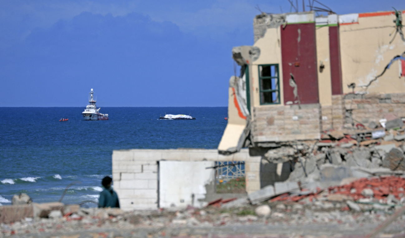 The Open Arms maritime vessel that set sail from Larnaca in Cyprus carrying humanitarian aid approaches the coast of Gaza City on March 15, 2024. (AFP/File)