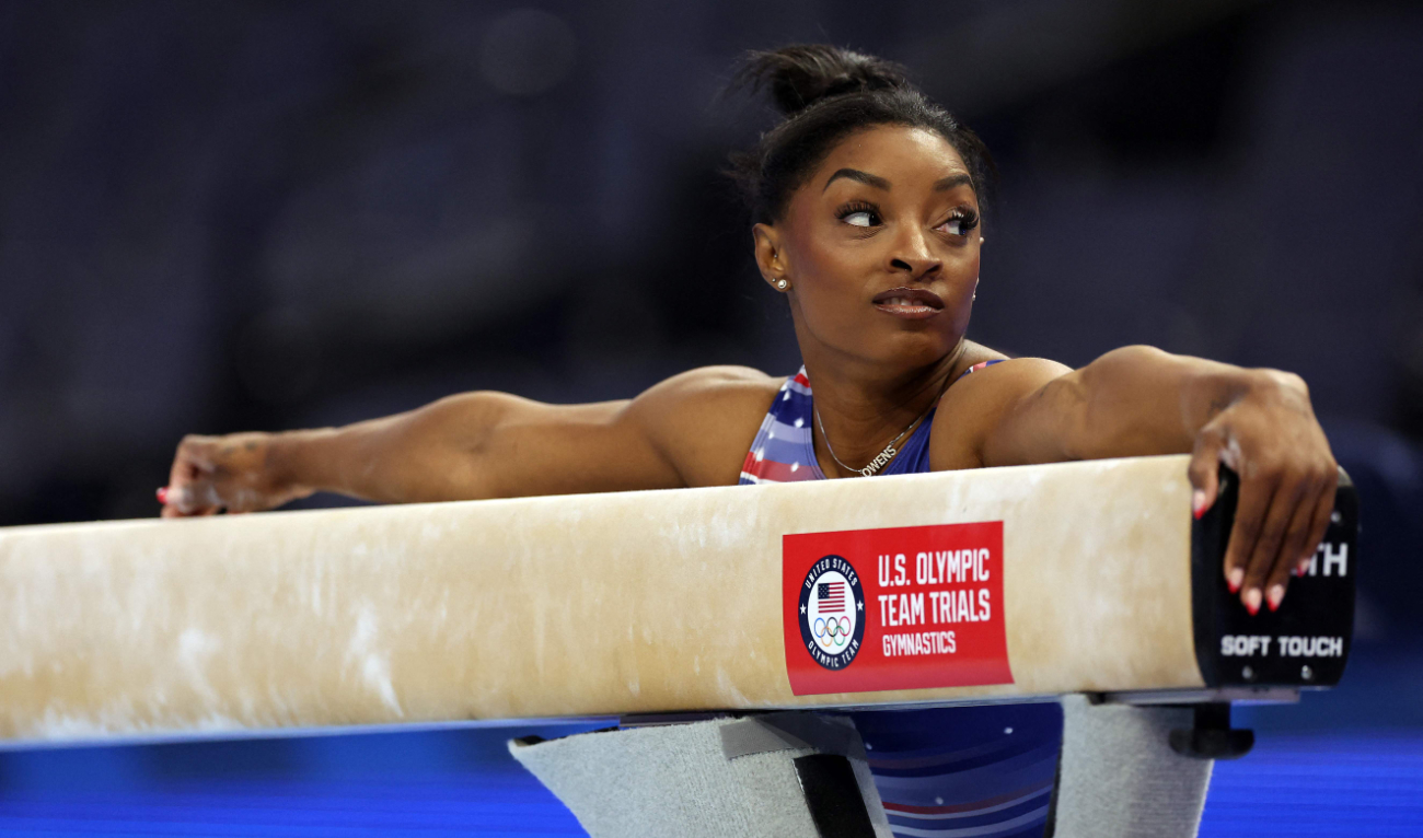 Simone Biles practices ahead of the 2024 US Olympic Team Gymnastics Trials at Target Center on June 26, 2024 in Minneapolis, Minnesota. (AFP)