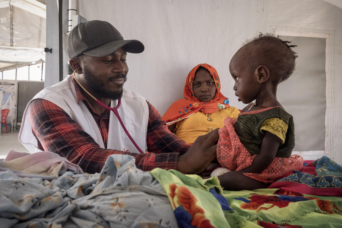 FILE — Sudanese Children suffering from malnutrition are treated at an MSF clinic in Metche Camp, Chad, near the Sudanese border, on April 6, 2024. (AP)