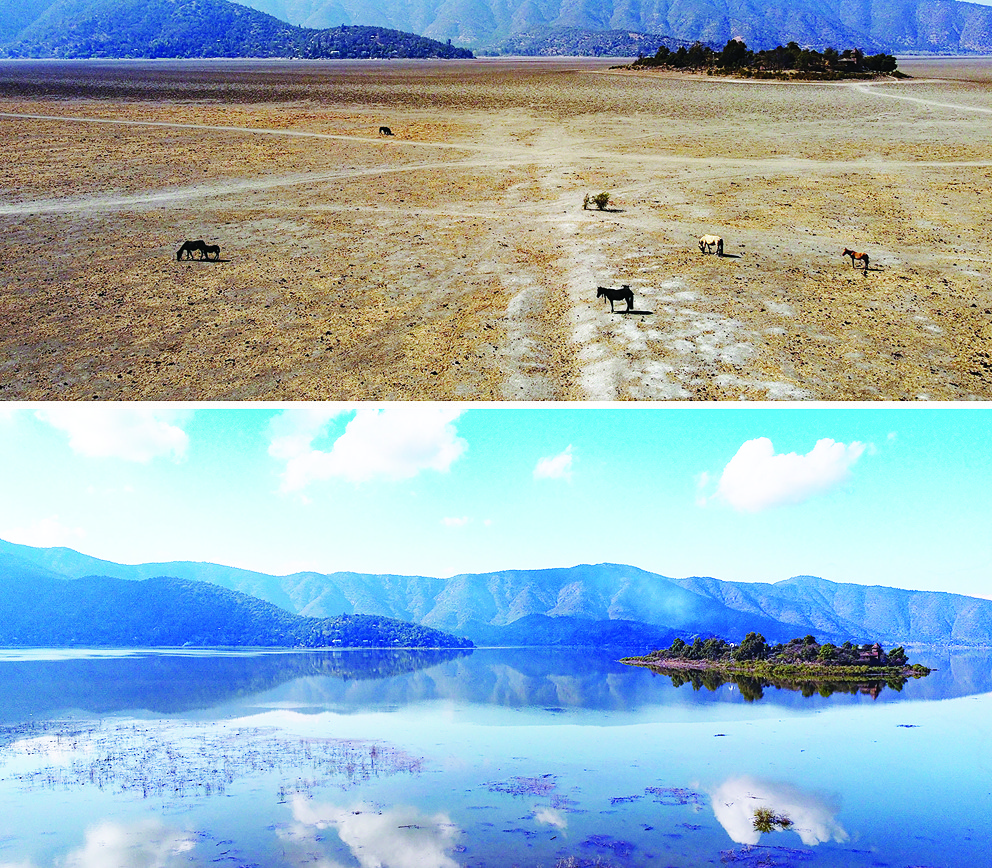 A combination drone view shows Aculeo lagoon in Chile following drought season on April 20, 2022 and the same lagoon after heavy rains Tuesday. (Reuters)