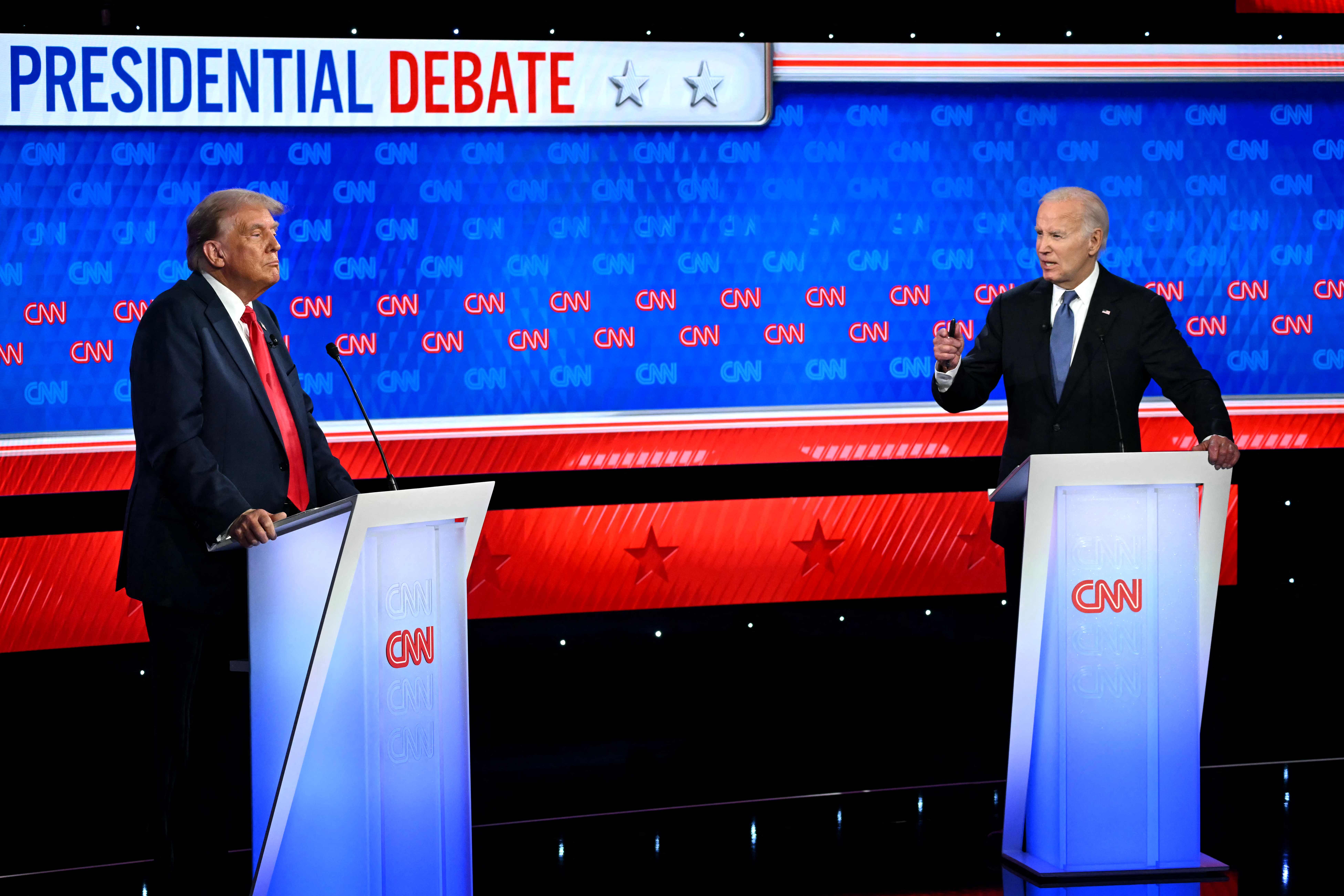 Former US President and Republican presidential candidate Donald Trump participates in the first presidential debate of the 2024 elections with US President Joe Biden at CNN's studios in Atlanta, Georgia. (AFP)