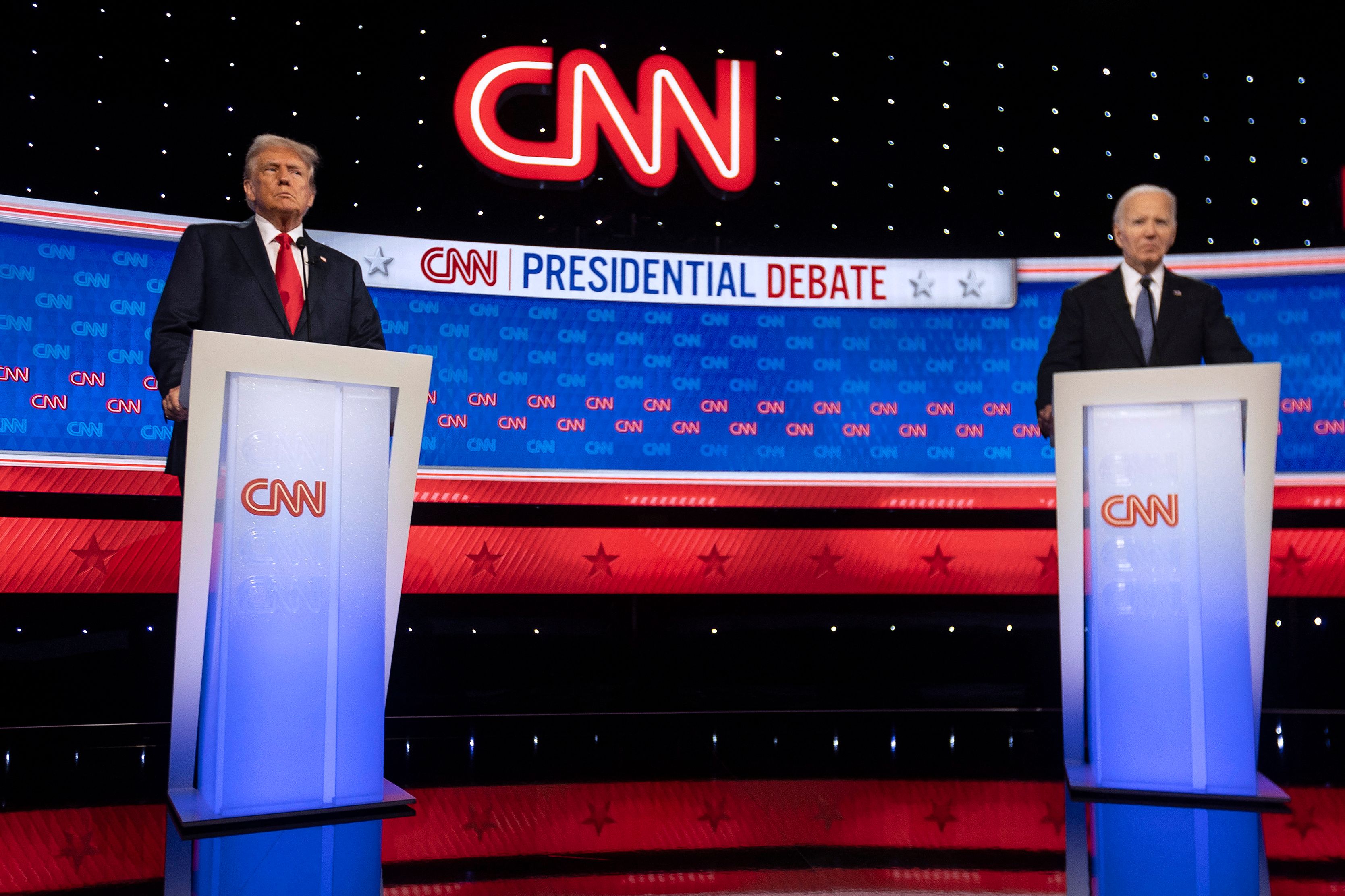 US President and Republican presidential candidate Donald Trump leaves the stage during a commercial break as he participates in the first presidential debate of the 2024 elections with US President Joe Biden at CNN's studios in Atlanta, Georgia, on June 27, 2024. (AFP)