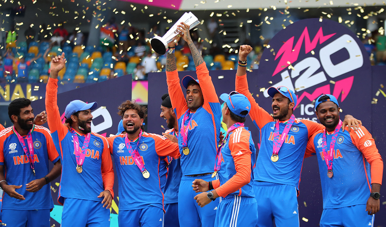 India’s Surya Kumar lifts the trophy as they celebrate after winning the T20 World Cup at the Kensington Oval in Bridgetown, Barbados on June 29, 2024. (REUTERS)
