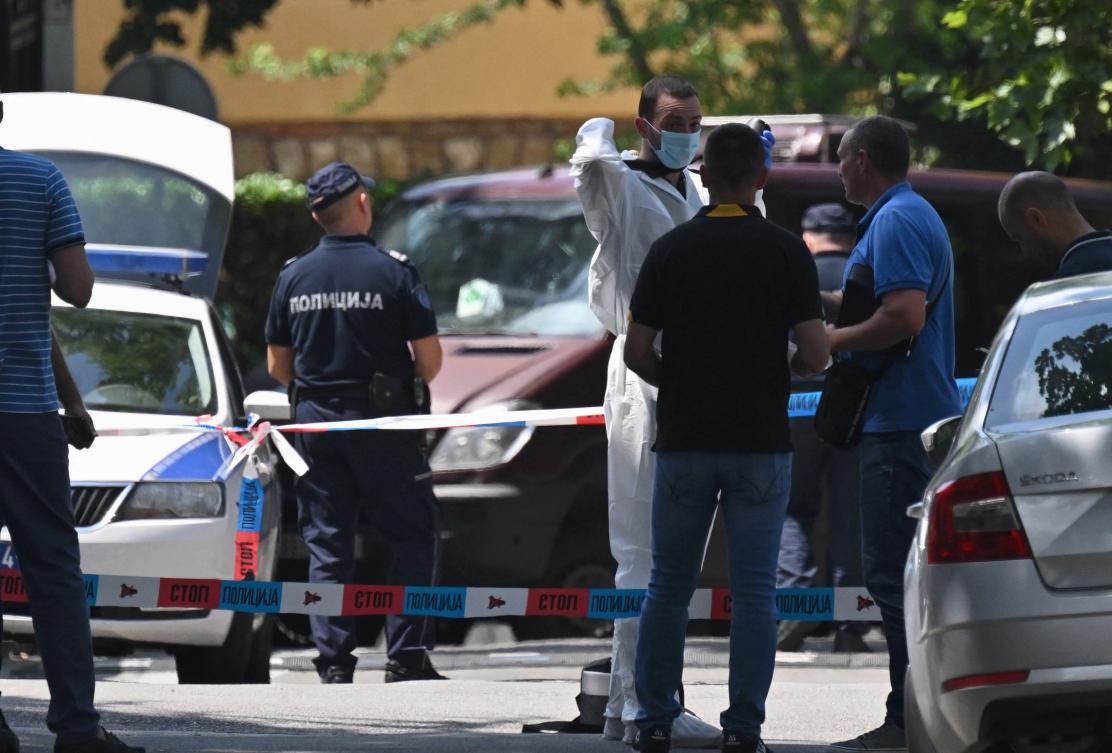 Forensic police prepare in the secured area around the Israeli embassy in Belgrade, Serbia, on June 29, 2024. (AFP)