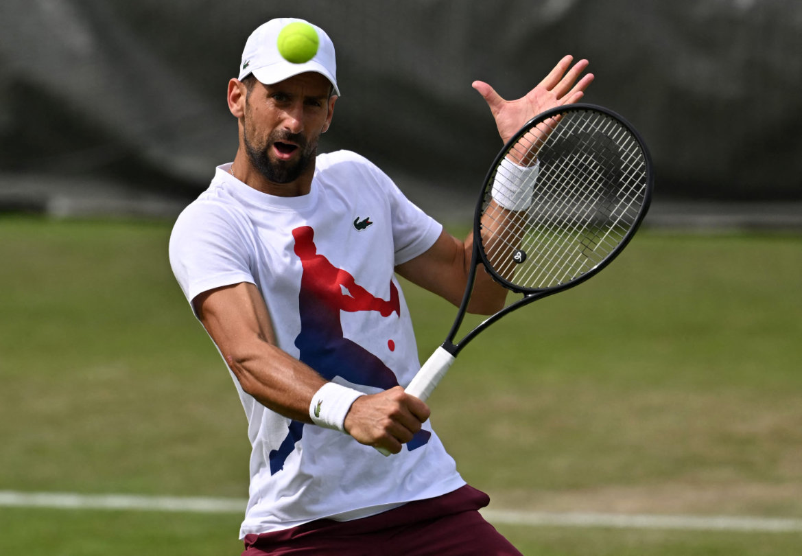 Serbia's Novak Djokovic, takes part in a training session ahead of the 2024 Wimbledon Championships at The All England Lawn Tennis and Croquet Club in Wimbledon, southwest London, on June 30, 2024. (AFP)