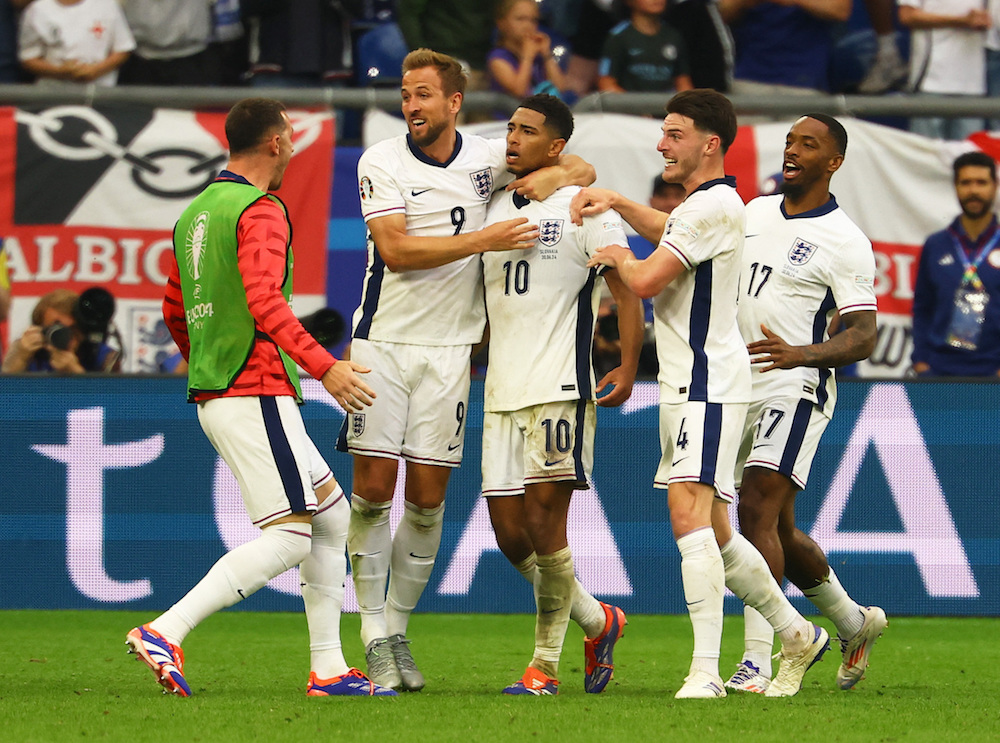 England’s Jude Bellingham celebrates scoring their first goal with Harry Kane, Declan Rice and Ivan Toney. (Reuters)