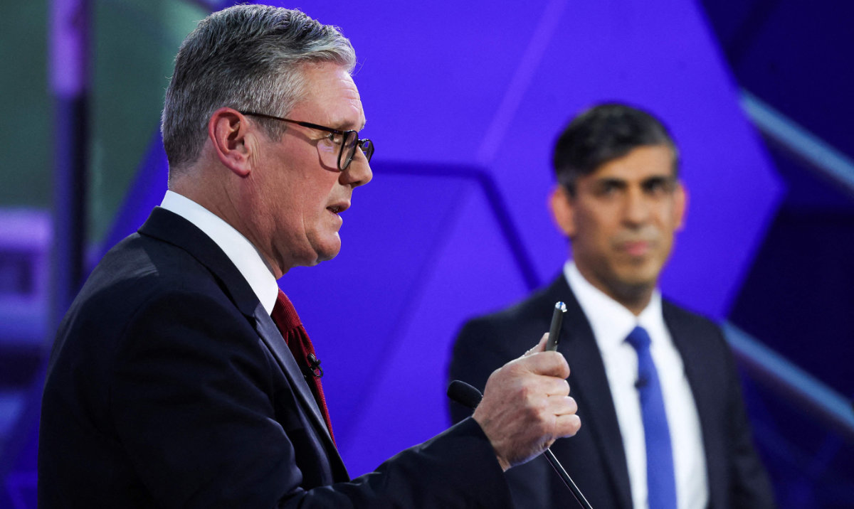 Labour Party leader Keir Starmer speaks during a live TV debate, in the build-up to the UK general election on July 4. (AFP)