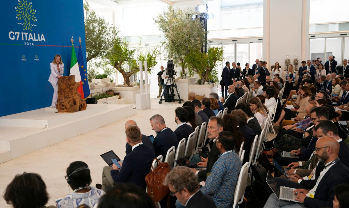 Italian Prime Minister Giorgia Meloni speaks during a final media conference at the G7 in Borgo Egnazia, in Italy. (AP)