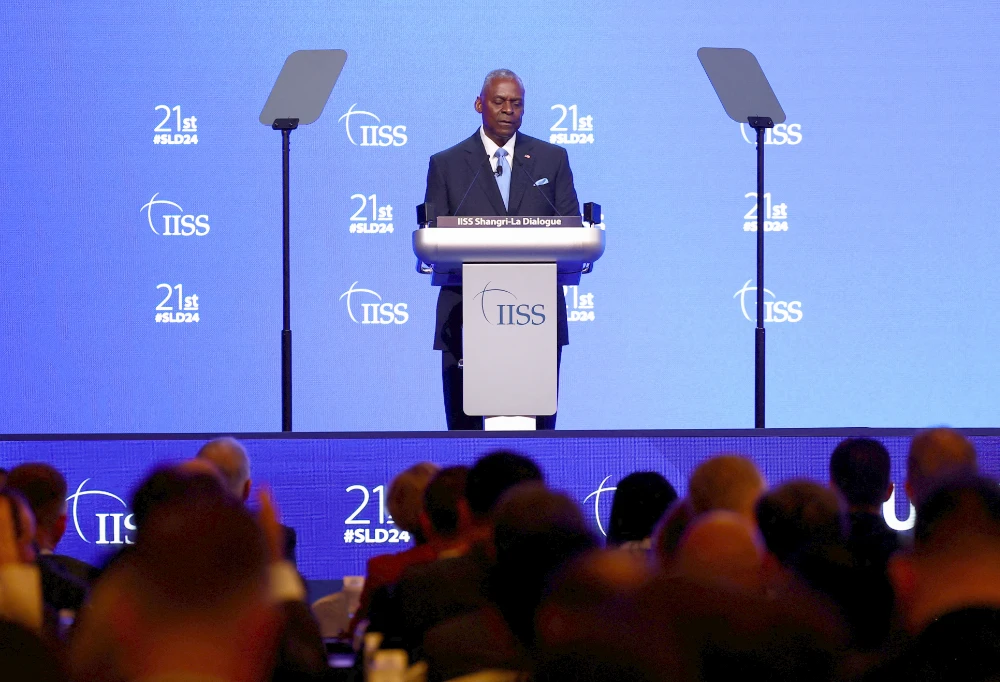 US Defense Secretary Lloyd Austin speaks at the Shangri-la Dialogue in Singapore June 1, 2024. (Reuters)
