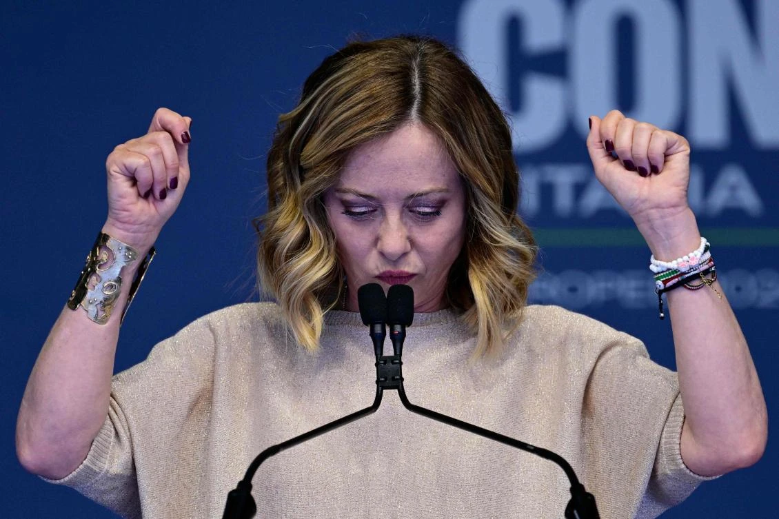 Italian Prime Minister Giorgia Meloni delivers a speech during a campaign meeting of Italian far-right party “Fratelli d’Italia” (Brothers of Italy) for the upcoming European elections, on June 1, 2024 in Rome. (AFP)