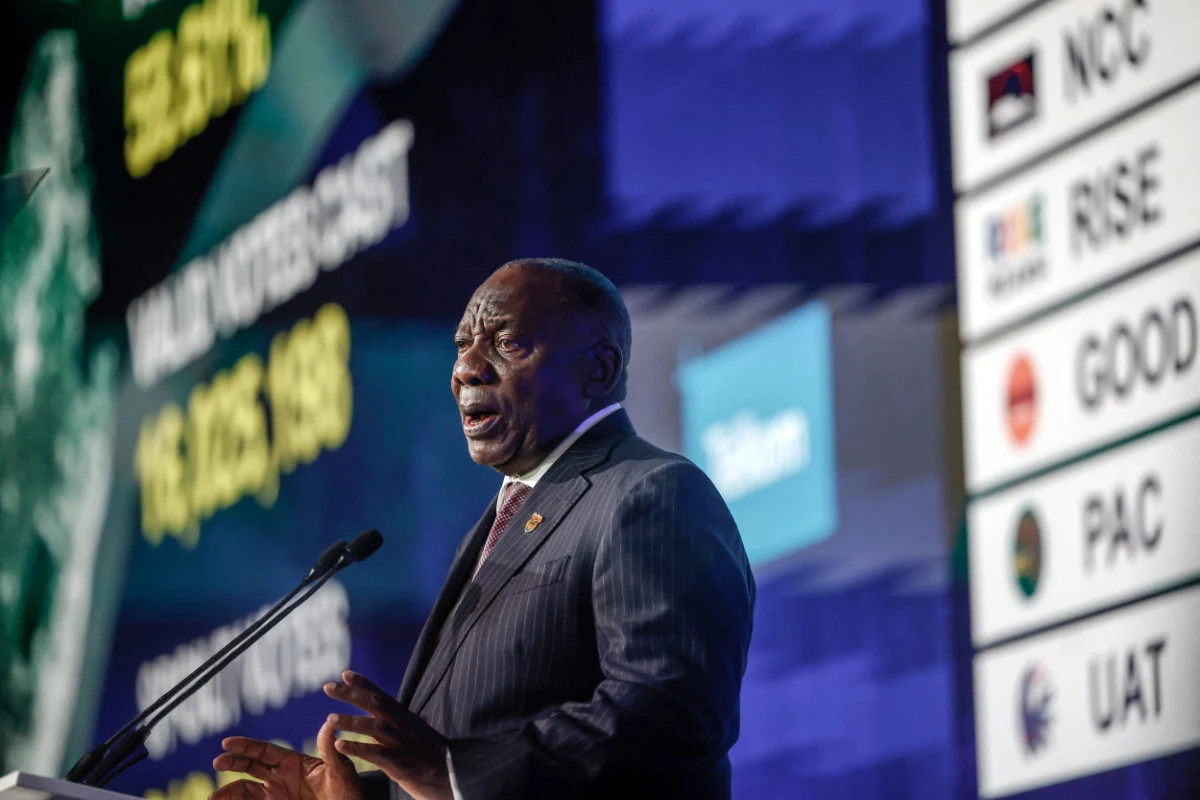 South African President Cyril Ramaphosa delivers his remarks after the official announcement of the general election results in the Independent Electoral Commission (IEC) National Results Center in Midrand on June 2, 2024. (AFP)