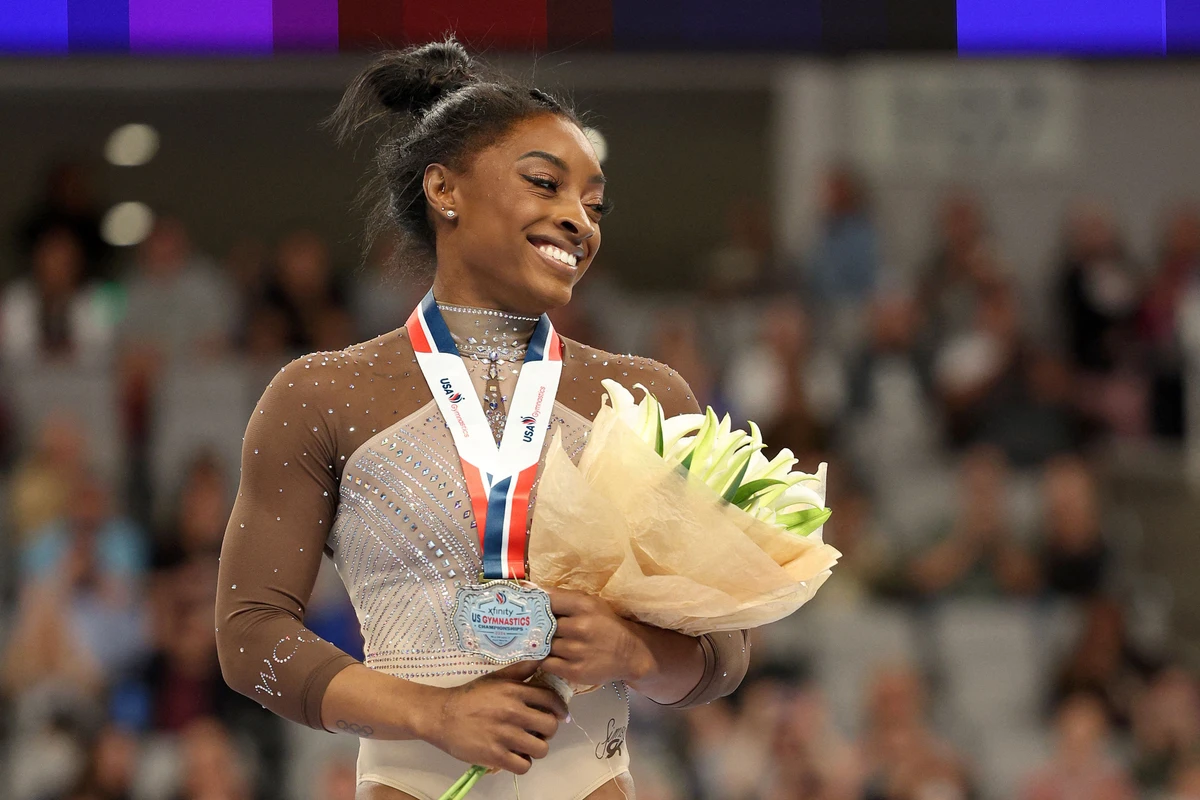 First place all around winner Simone Biles celebrates after the 2024 Xfinity US Gymnastics Championships at Dickies Arena on June 2, 2024 in Fort Worth, Texas. (GETTY IMAGES NORTH AMERICA /AFP)