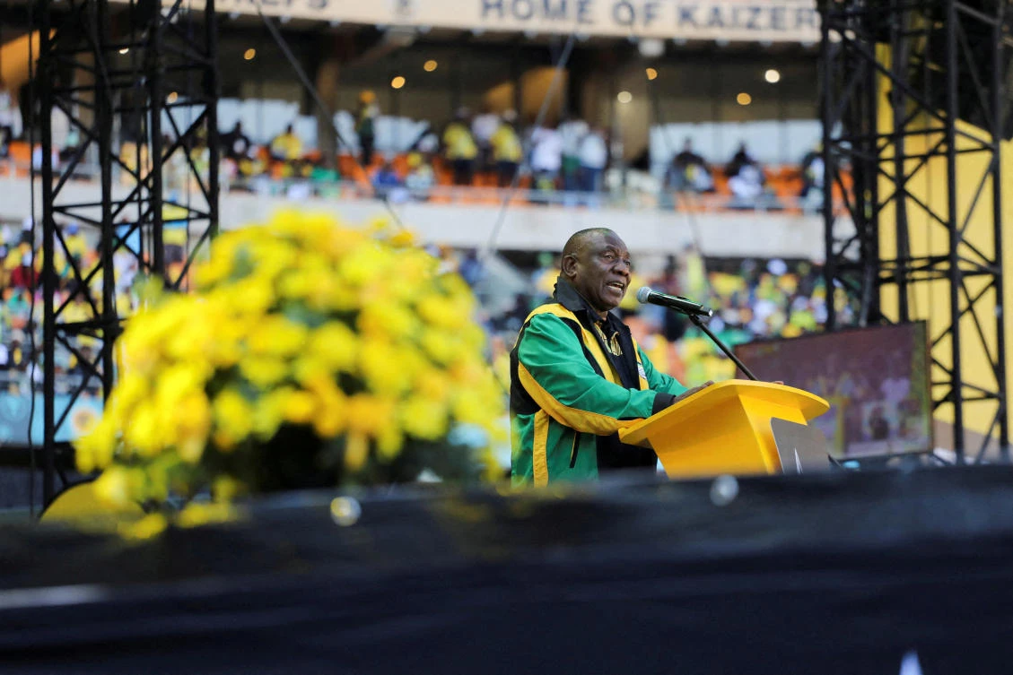 President of the African National Congress (ANC) Cyril Ramaphosa delivers an address to supporters during the political party’s final rally ahead of the upcoming election at FNB stadium in Johannesburg, South Africa, May 25, 2024. (REUTERS)