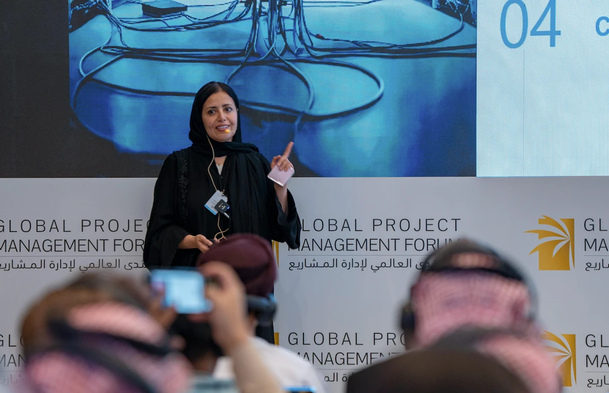 Fadwa Al-Bawardi, founder and CEO of FSAB Consulting, speaking on the last day of the Global Project Management Forum in Riyadh. AN