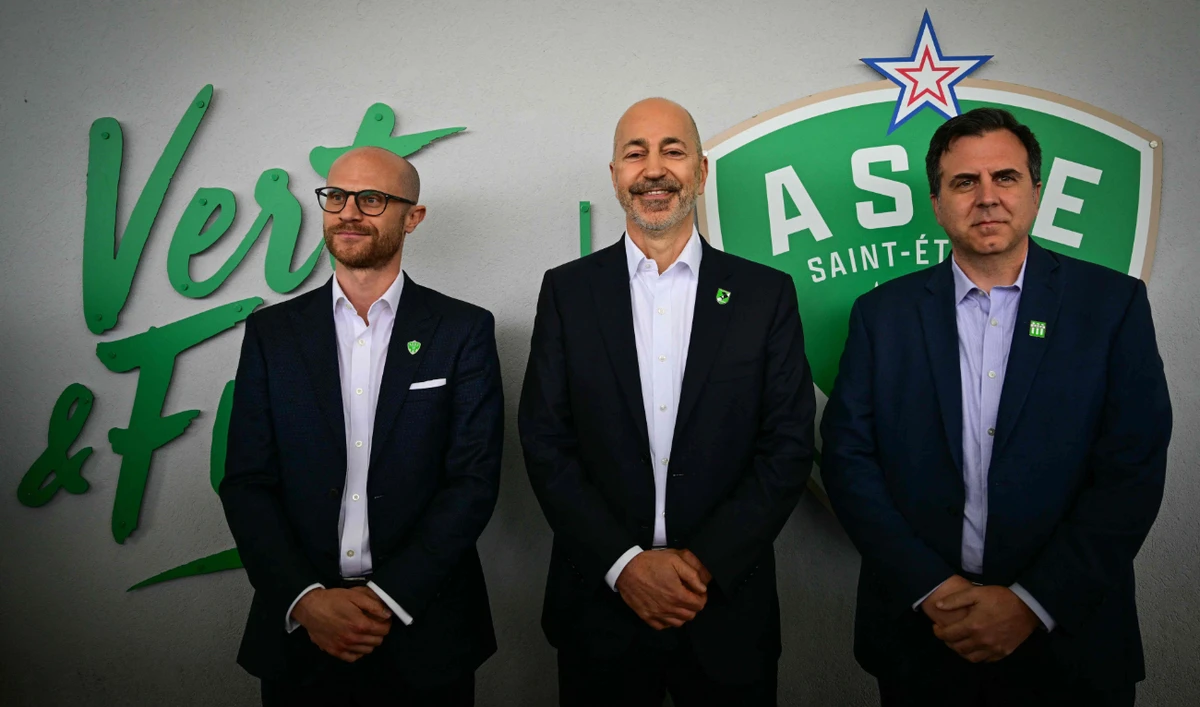 Kilmer Sports Venture (KVS) Executive Vice President Huss Fahmy (L), KVS general director Ivan Gazidis (C) and KVS Executive Vice President Jaeson Rosenfeld (R) during a press conference on the acquisition of the Ligue 1 football club ASSE Saint-Etienne on June 3, 2024. (AFP)