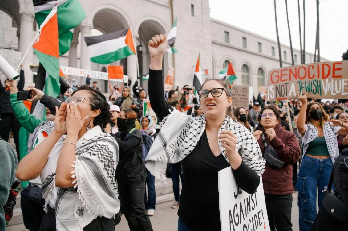 Protesters rally in front of Los Angeles City Hall during a "Global Day of Protest" in support of Palestinians in Los Angeles, California, on March 2, 2024. (AFP)