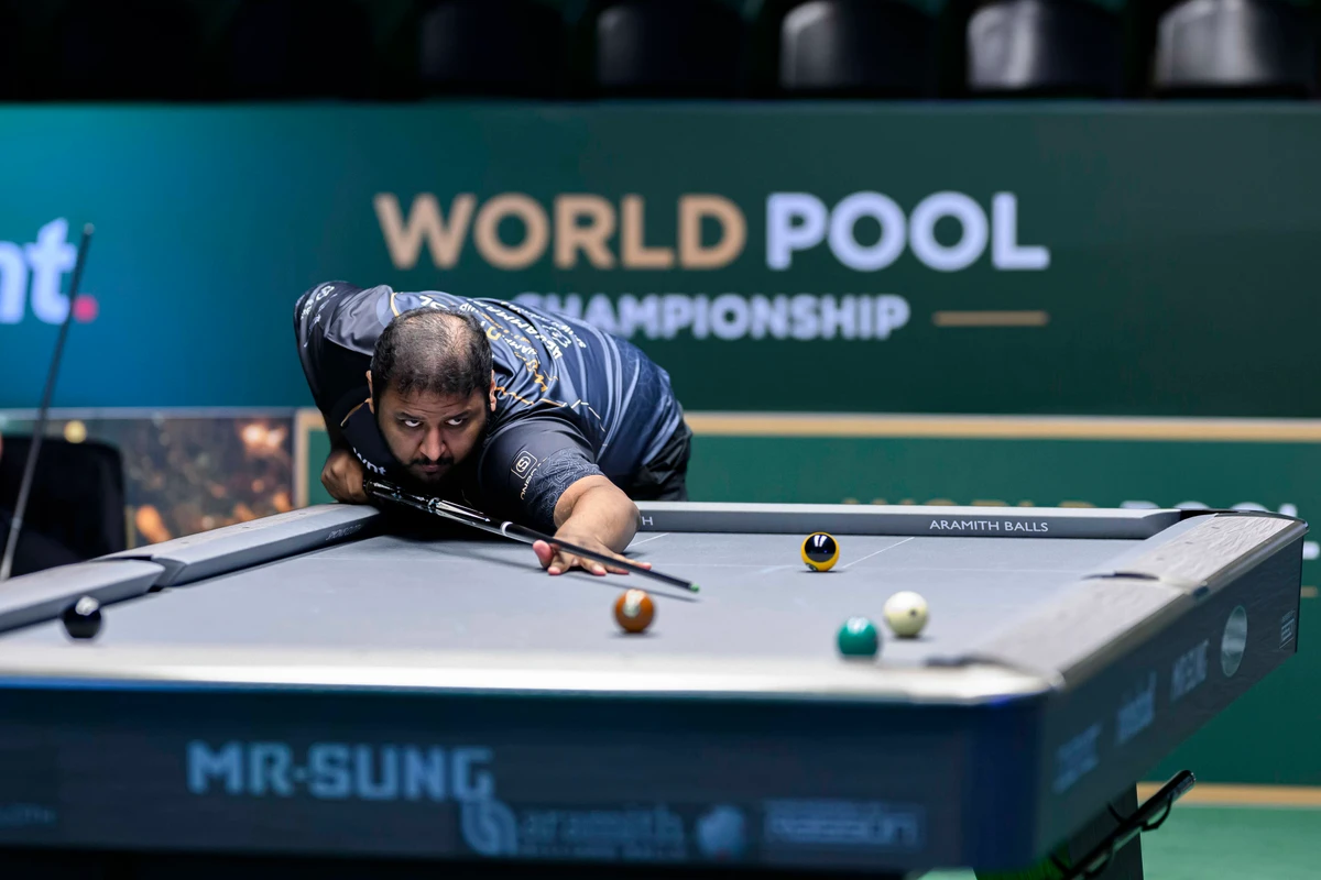 Saudi Arabia’s Abdullah Alshammari stunned the world of professional pool on Monday night when he defeated the world No. 8, and two-time World Pool Masters champion, David Alcaide of Spain. (Supplied)