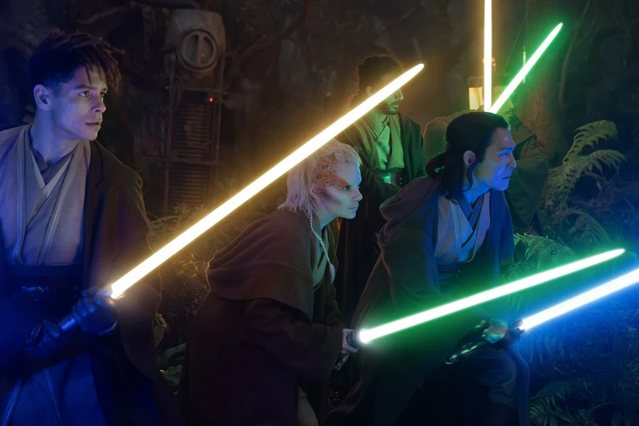Yord Fandar (Charlie Barnett), Jedi Padawan Jecki Lon (Dafne Keen) and Master Sol (Lee Jung-jae) in 'The Acolyte'. (Supplied)
