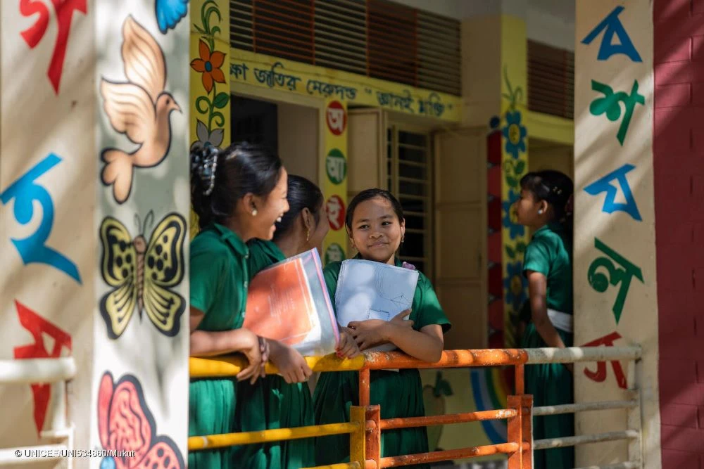 In this photo shared by UNICEF on June 2, 2024, girls wait for their class at a school in Bangladesh. (UNICEF)