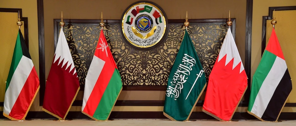 The flags of the countries attending the Gulf Cooperation Council summit are displayed at Bayan palace in Kuwait City. (File/AFP)