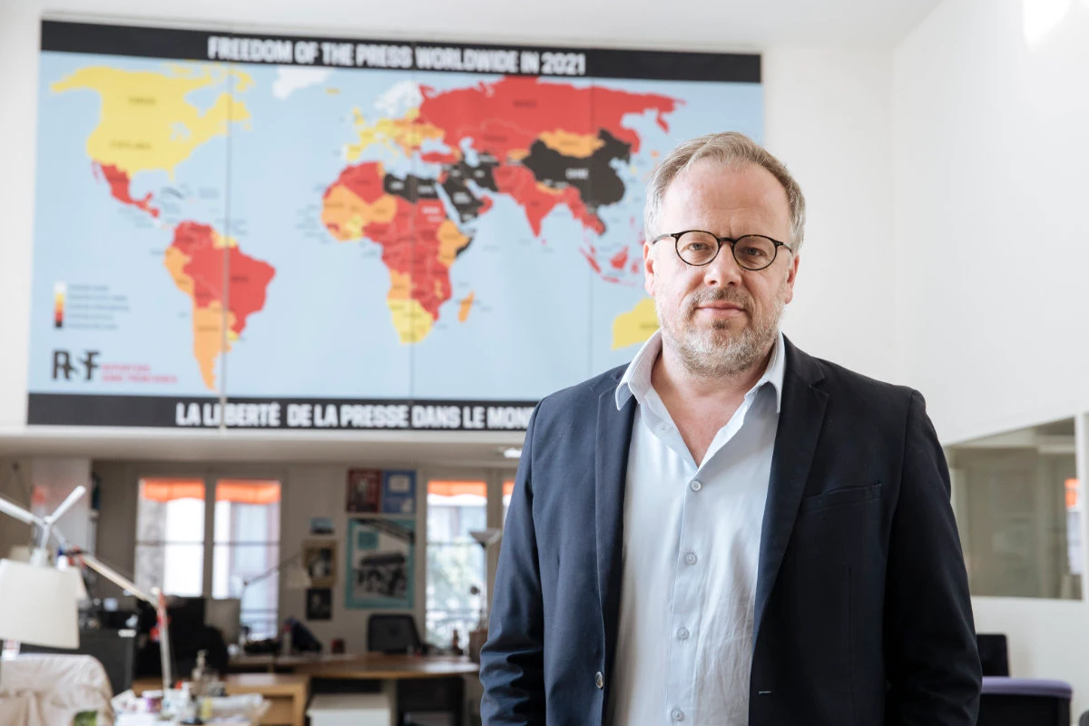 Christophe Deloire, head of RSF (Reporters without borders) stands in front of the 2021 map of press freedom in Paris, France, on April, 20, 2021. (AP Photo/File)