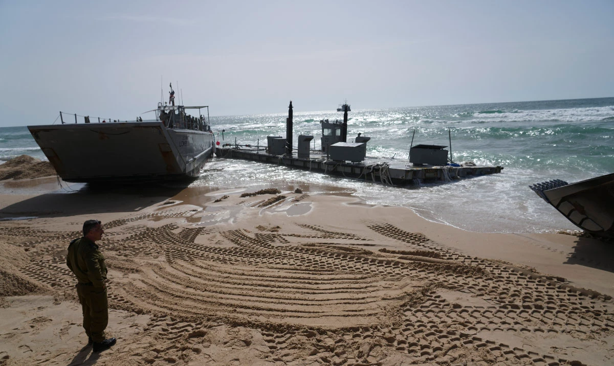 A US Army landing craft is seen beached in Ashdod after being swept by wind and current from the temporary humanitarian pier in the Gaza Strip. (AP)