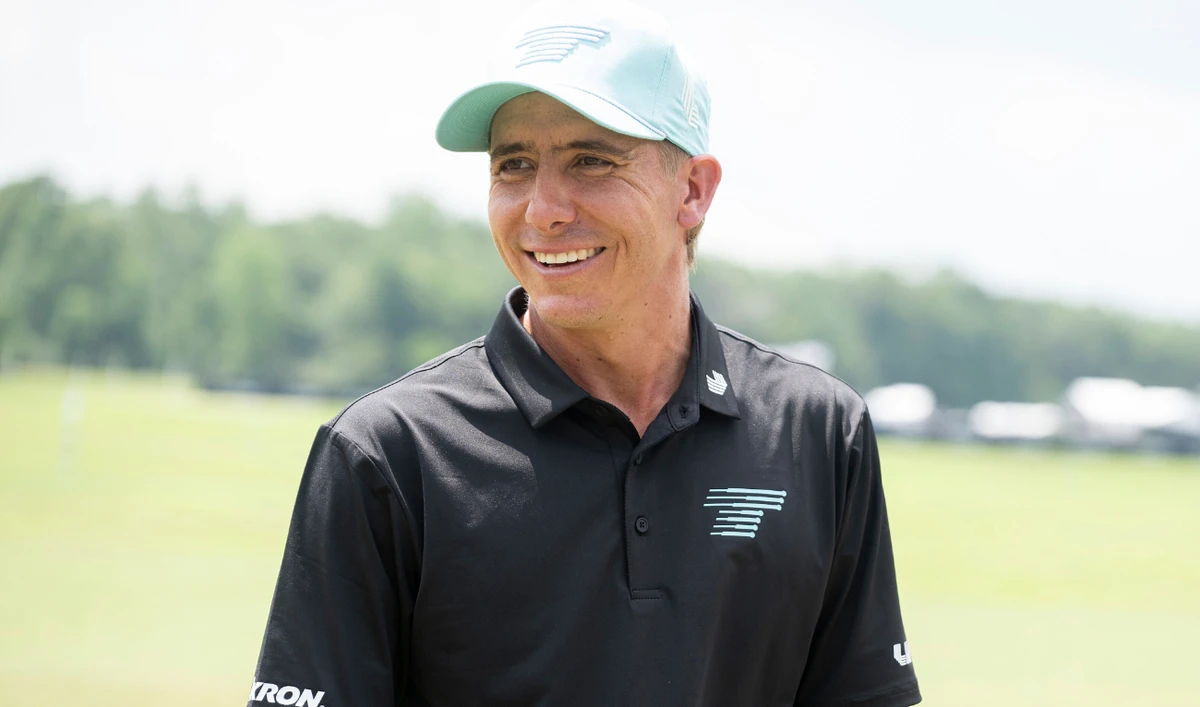 Carlos Ortiz, of Torque GC, smiles on the driving range during the final round of LIV Golf Houston at Golf Club of Houston, Sunday, June 9, 2024, in Humble, Texas. (AP)