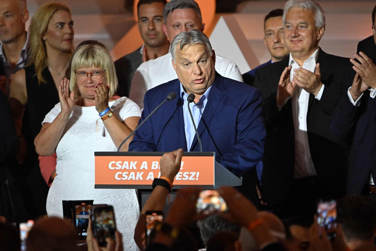 Hungarian Prime Minister Viktor Orban speaks in Budapest alongside members of the Fidesz party during the EU elections on June 9, 2024. (AFP)