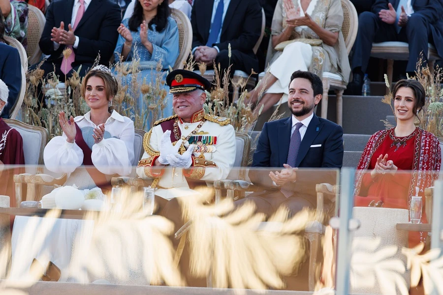Princess Rajwa showed off a red, hand embroidered gown by Saudi designer Honayda Serafi. (Supplied)