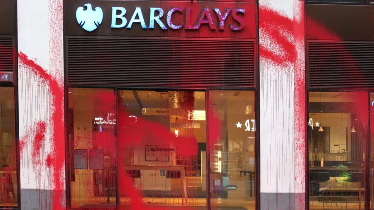 Barclays has been accused by the Palestine Action group, whose members this week doused 20 branches of the bank across England and Scotland with red paint, of having financial interests in Israel’s weapons trade and fossil fuel industry. (X/@Pal_action)