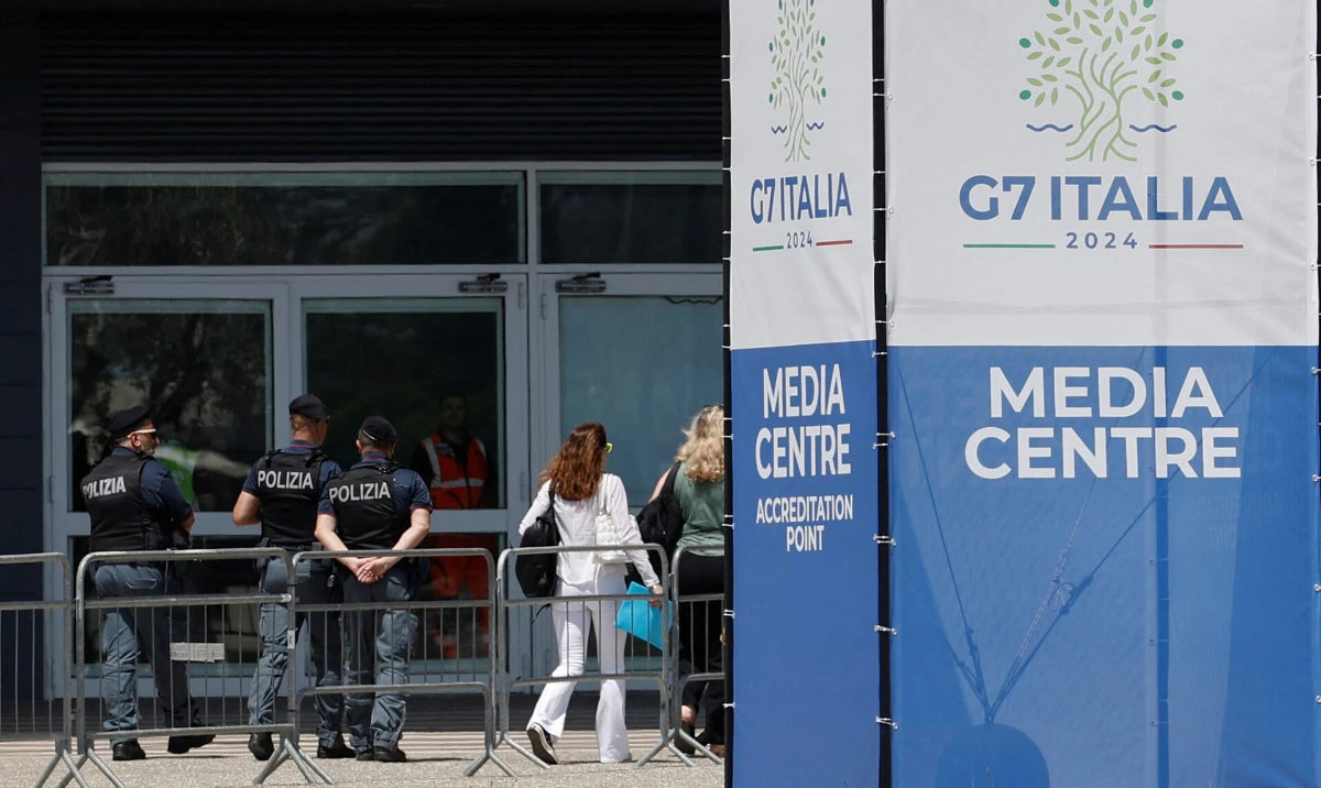 Police patrols outside the press center facilities, ahead of the G7 summit of world leaders in the city of Bari, Italy, June 12, 2024. (Reuters)
