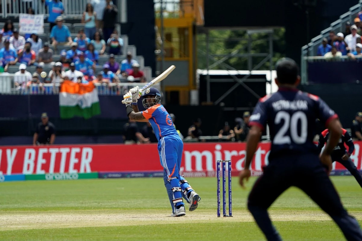 India's Suryakumar Yadav plays a shot on his way to hiiting a half-century during the ICC men's Twenty20 World Cup 2024 group A cricket match between the USA and India at Nassau County International Cricket Stadium in East Meadow, New York (AFP)