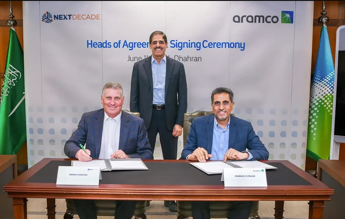 At the signing ceremony, from left: NextDecade Chairman and CEO Matthew Schatzman, Aramco Upstream President Nasir K. Al-Naimi, and Aramco Executive Vice President of Gas Abdulkarim Al-Ghamdi. Aramco