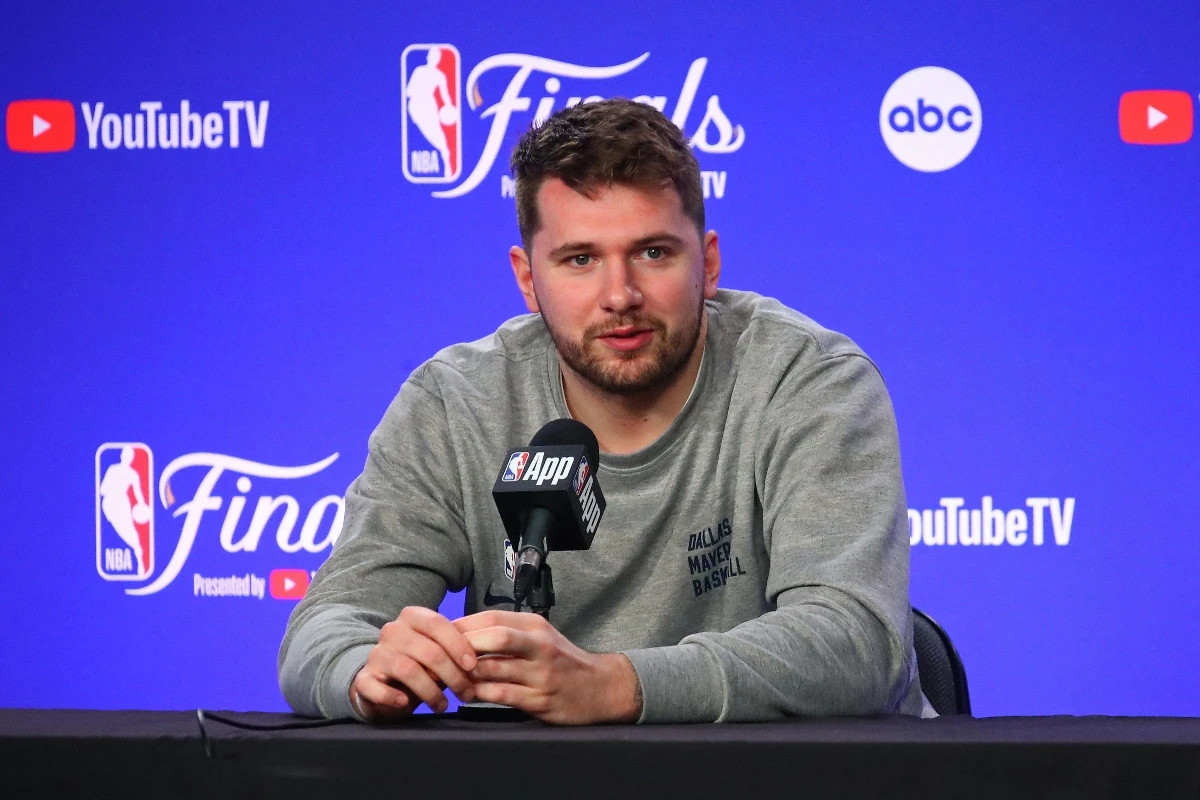 Luka Doncic of the Dallas Mavericks talks to the media at a press conference during the 2024 NBA Finals Practice and Media Availability on June 13, 2024 at the American Airlines Center in Dallas, Texas. (Getty Images via AFP)