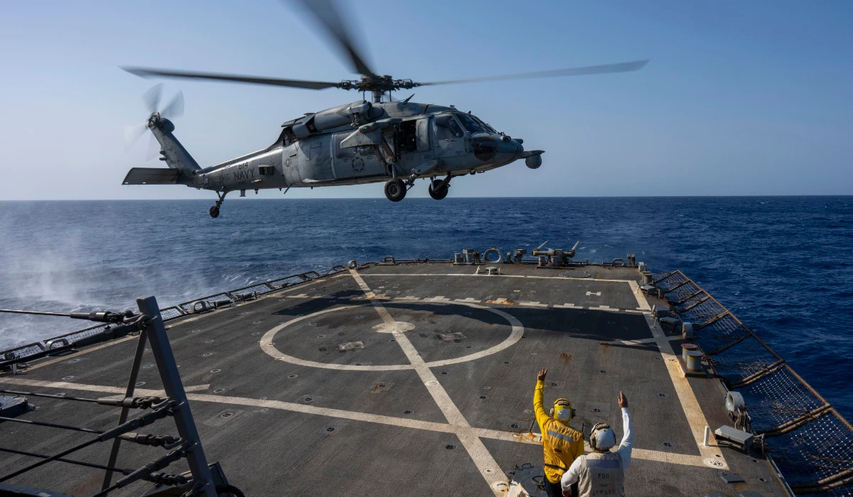 An HSC-7 helicopter lands on the Arleigh Burke-class guided missile destroyer USS Laboon in the Red Sea, Wednesday on June 12, 2024. (AP)