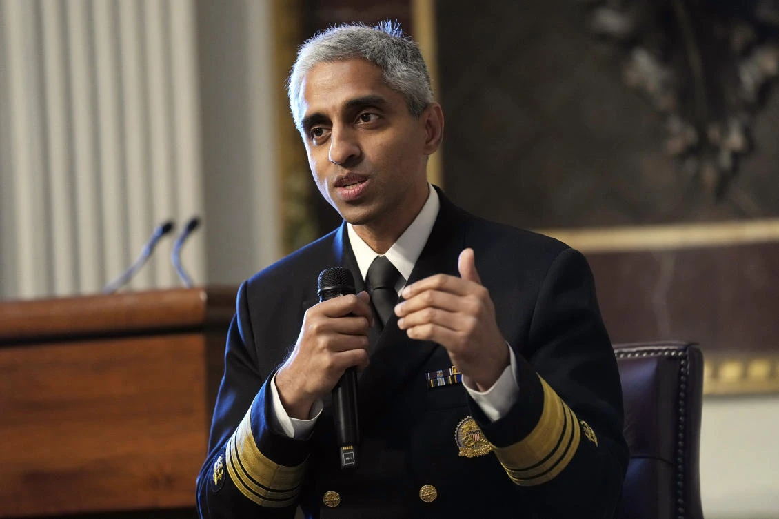 Surgeon General Dr. Vivek Murthy speaks during an event on the White House complex in Washington, April 23, 2024. Murthy is asking Congress to require warning labels on social media platforms that are similar to those that appear on cigarette boxes. (AP/File Photo)
