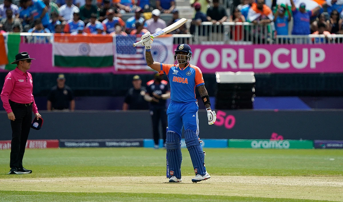 India’s Suryakumar Yadav celebrates hitting a half-century during the ICC men’s Twenty20 World Cup 2024 group A cricket match between the USA and India at Nassau County International Cricket Stadium in East Meadow, New York on June 12, 2024. (AFP)