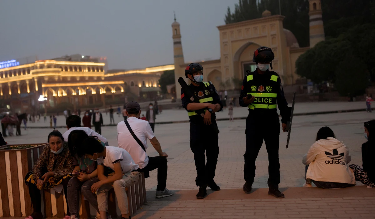 Police officers patrol the square in front of Id Kah Mosque in Kashgar, Xinjiang Uyghur Autonomous Region, China, May 3, 2021. (REUTERS)