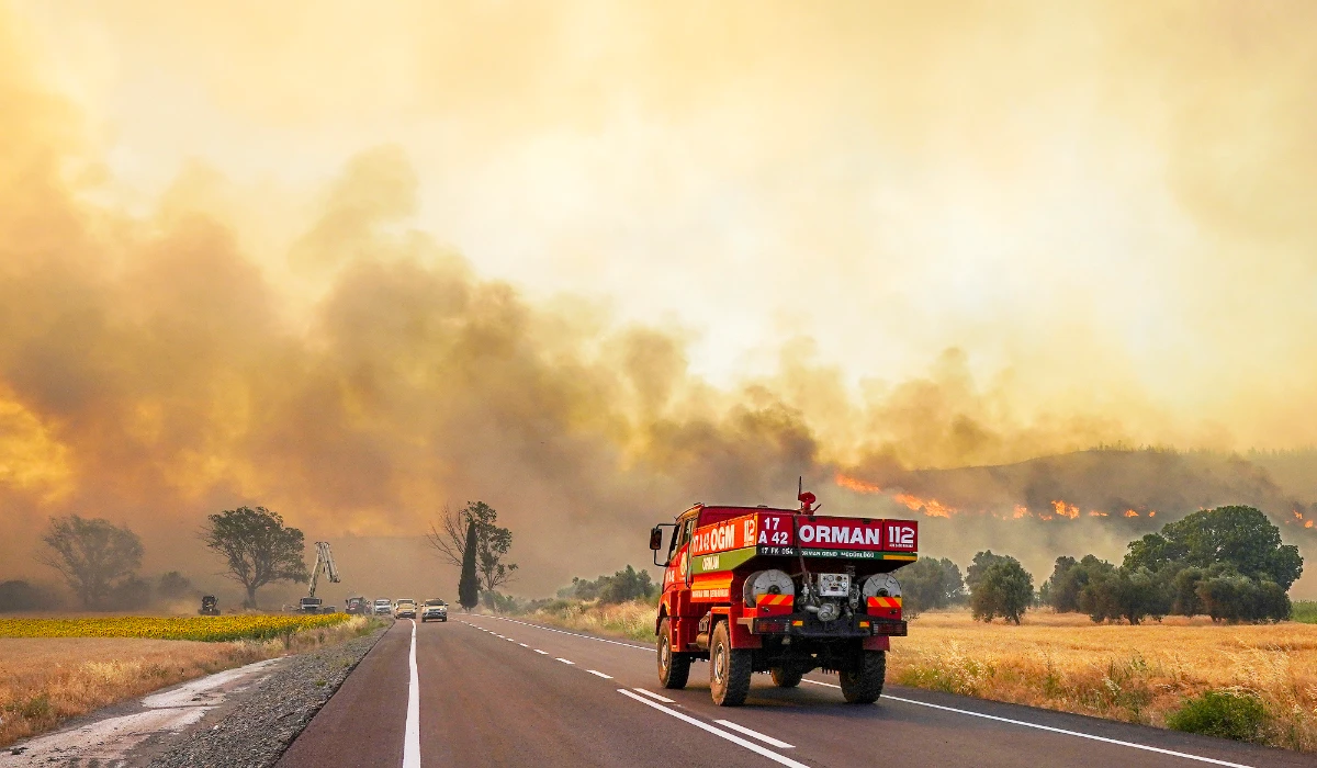 Firefighters work to extinguish a fire burning near Kumkoy in Gallipoli peninsula. (AP)