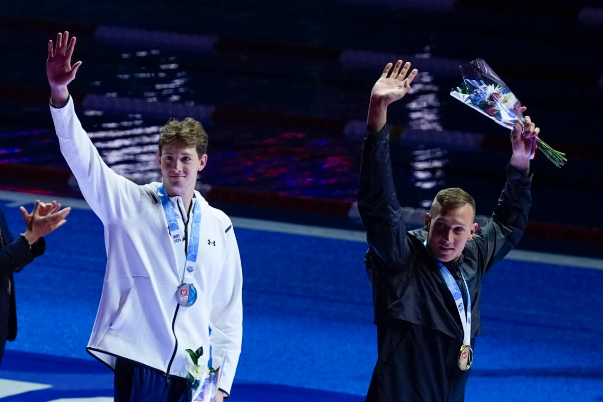 Chris Guiliano and Caeleb Dressel react after the men's 50m freestyle finals Friday at the US Swimming Olympic Trials in Indianapolis. (AP)