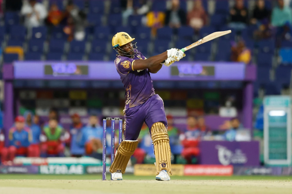 Andre Russell of Abu Dhabi Knight Riders in action against the Dubai Capitals at the Zayed Cricket Stadium, Abu Dhabi, earlier this year. (CREIMAS/ILT20)