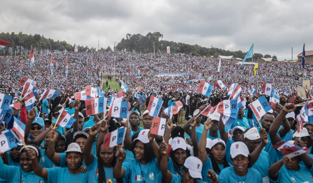 Rwanda Patriotic Front (FPR) supporters gather during a kick-off rally to support Rwandan President Paul Kagame, in Musanze on June 22, 2024. (AFP)